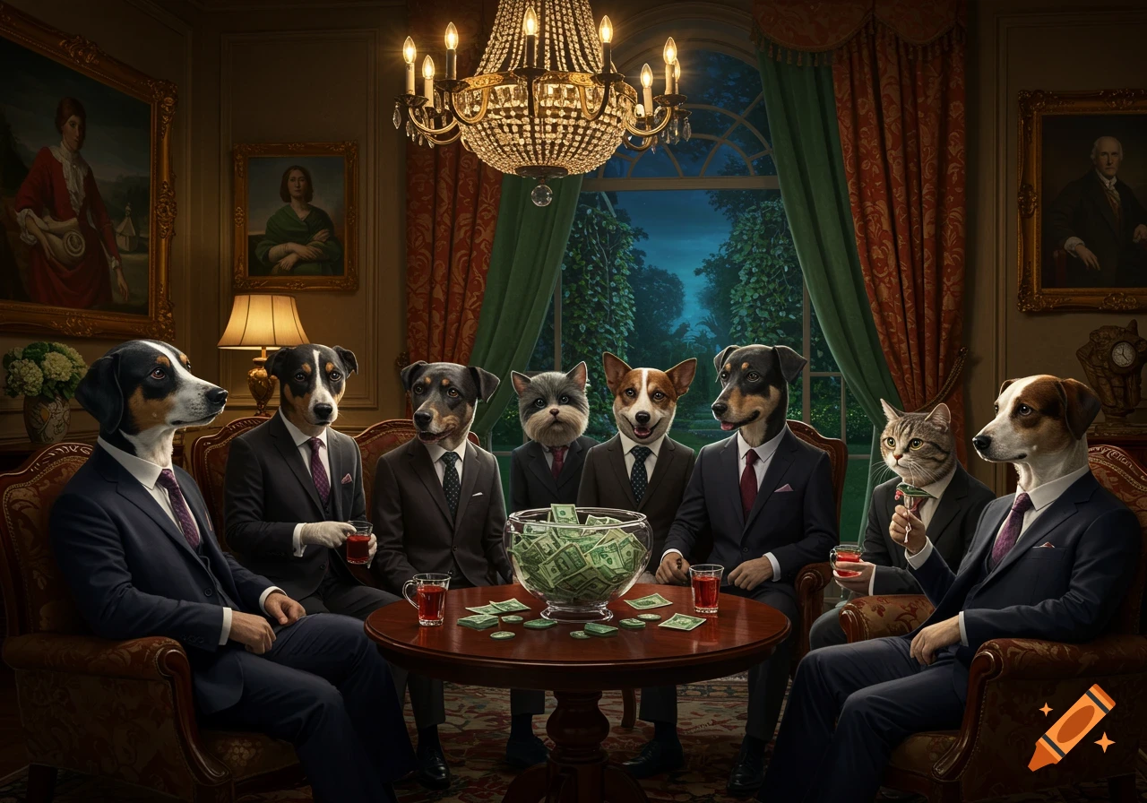 Photorealistic image of several dogs and one cat dressed in suits, gathered around a table with a bowl of money, in a grand, richly decorated room at night.