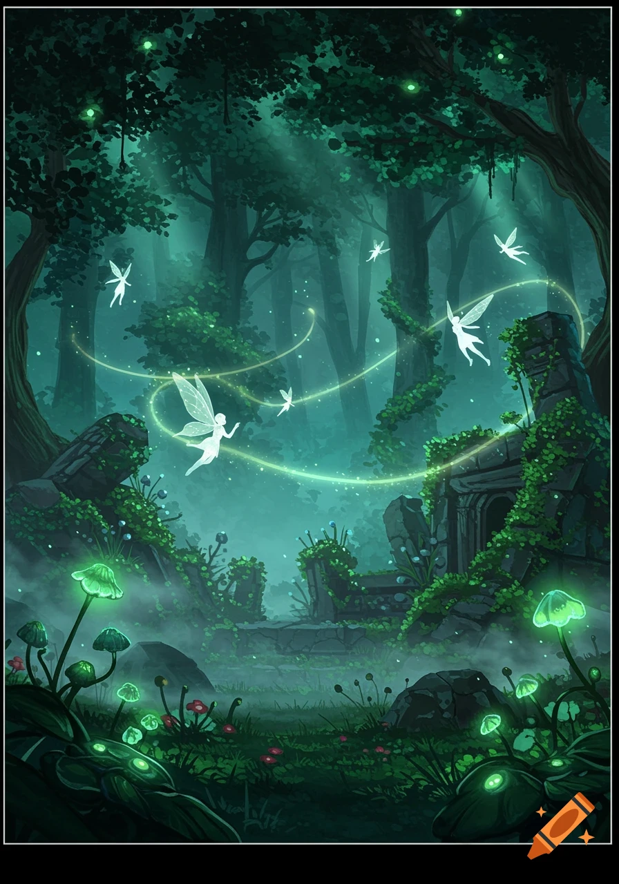 A magical forest with glowing green mushrooms, ancient ruins, and white fairies flying through rays of light.