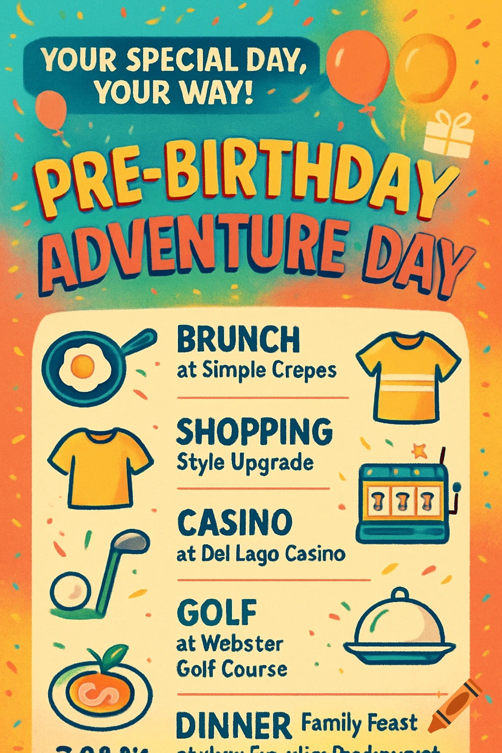 A colorful, cartoon-style birthday adventure day schedule with icons for brunch, shopping, casino, golf, and dinner.