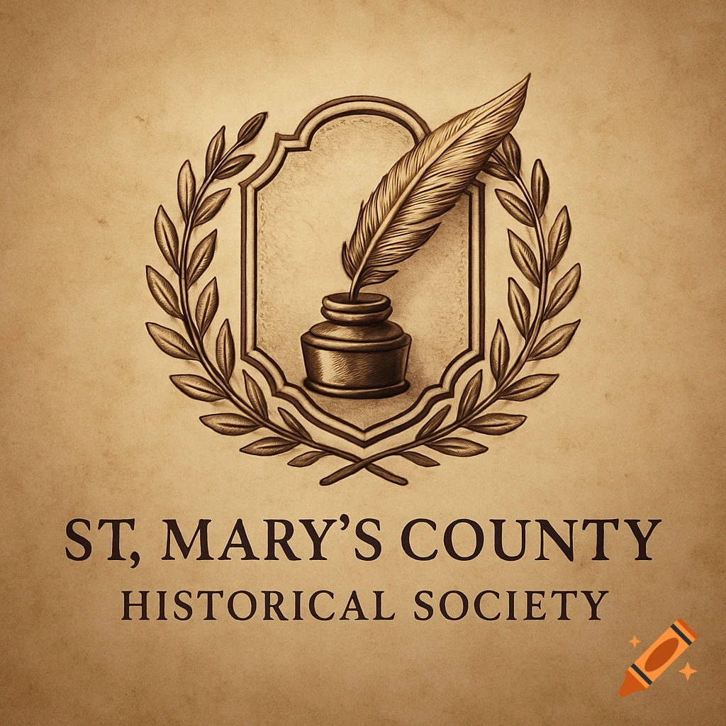 Vintage-style logo for St. Mary's County Historical Society featuring a quill, inkwell, and laurel wreath on aged paper.