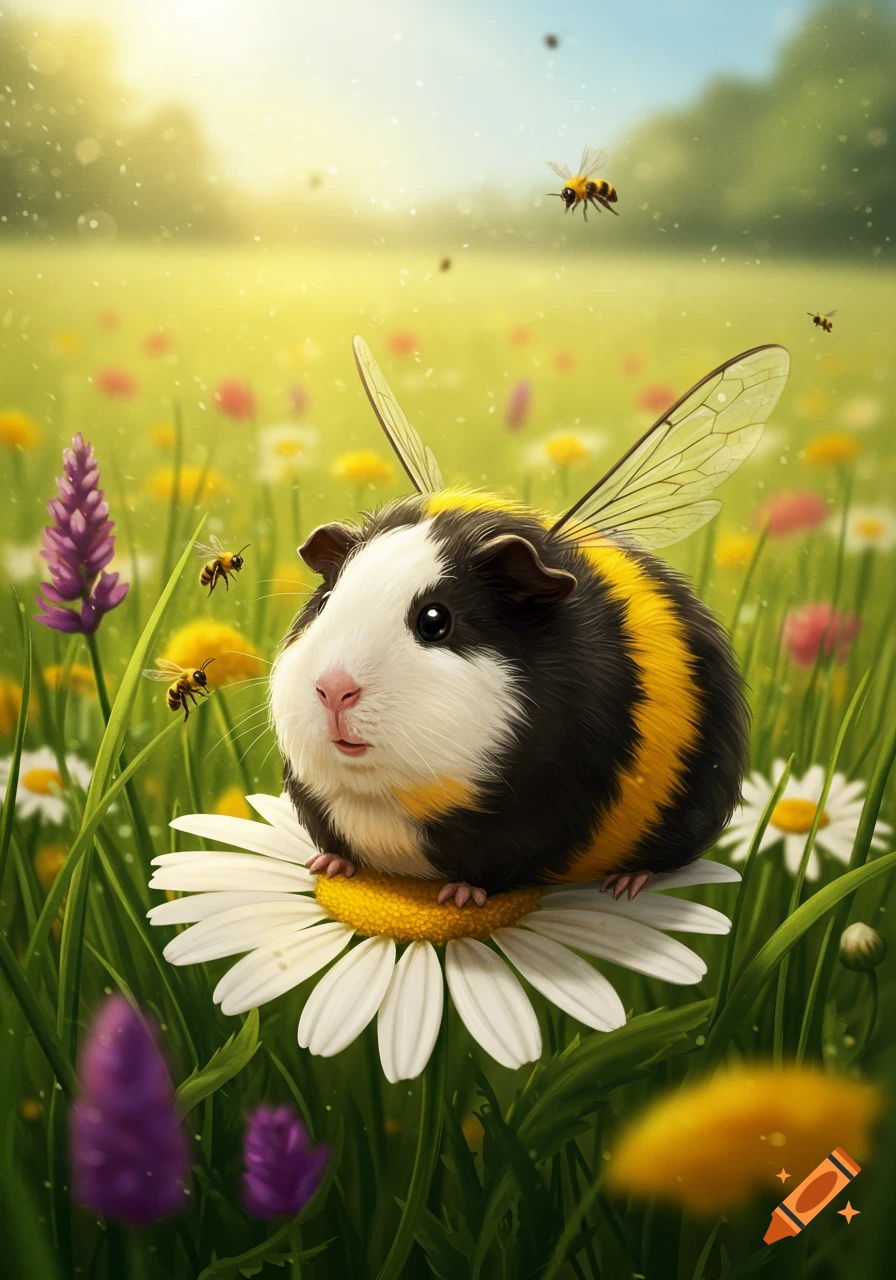 A cute guinea pig with bee wings and yellow stripes sits on a daisy in a sunny flower field with other bees.