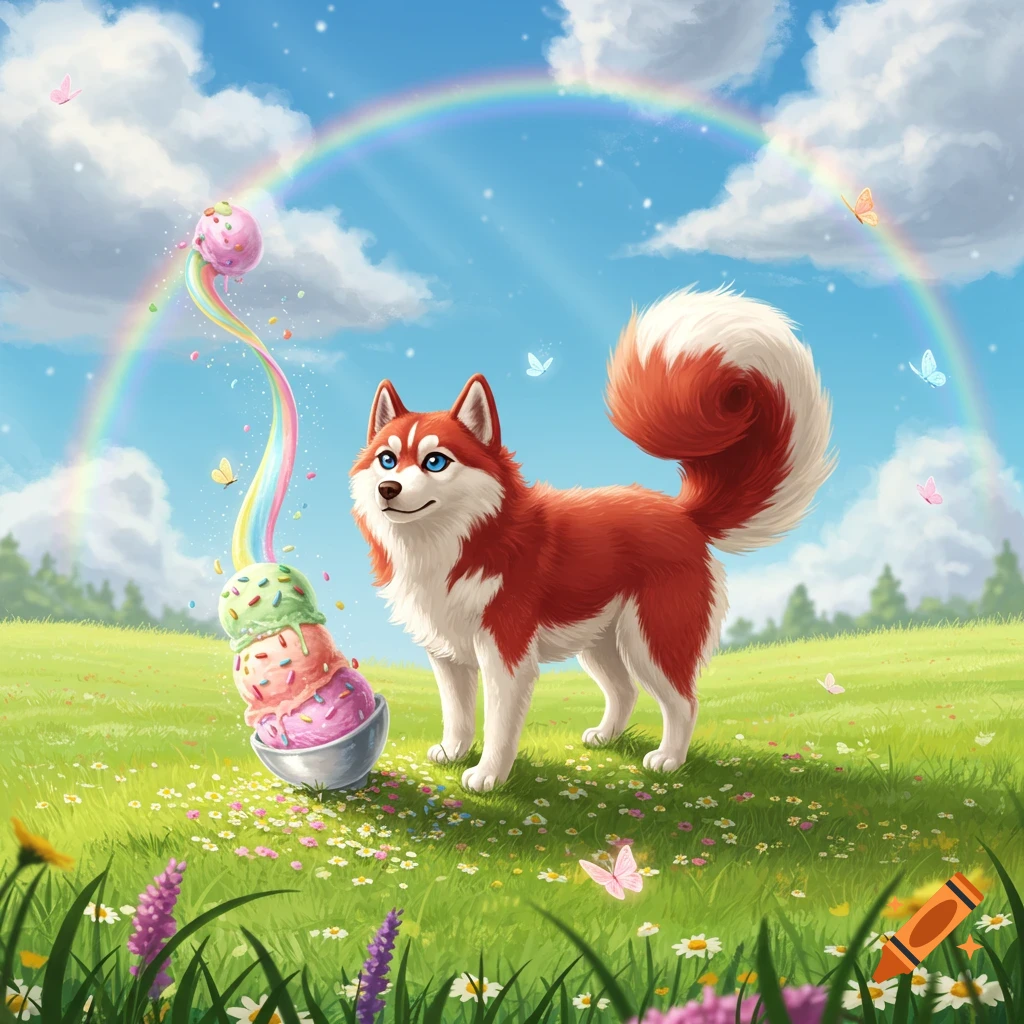 A cartoon red husky stands in a sunny field with flowers, a rainbow overhead, next to melting scoops of ice cream.