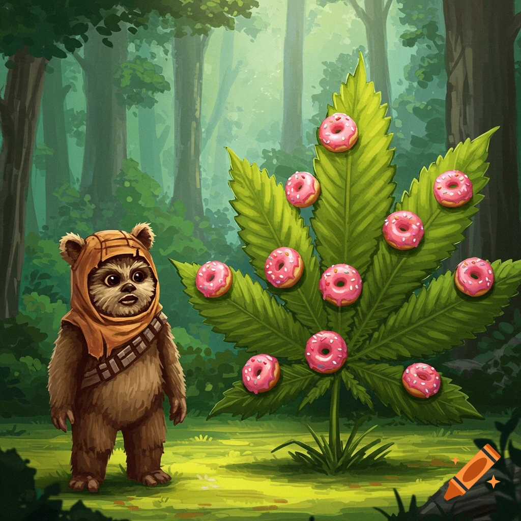 A cute cartoon Ewok stands in a forest, looking at a large cannabis-shaped bush covered in pink-frosted donuts.