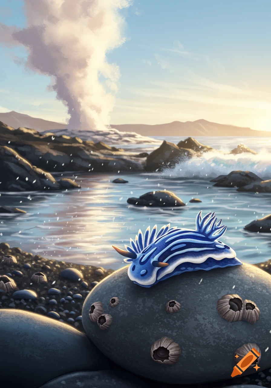A blue and white sea slug on a rock by the ocean with a geyser erupting in the background, in an illustration style.