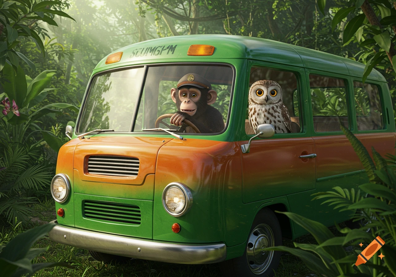 A smiling monkey wearing a cap drives a green and orange bus through a lush jungle, with a wide-eyed owl looking out the passenger window.