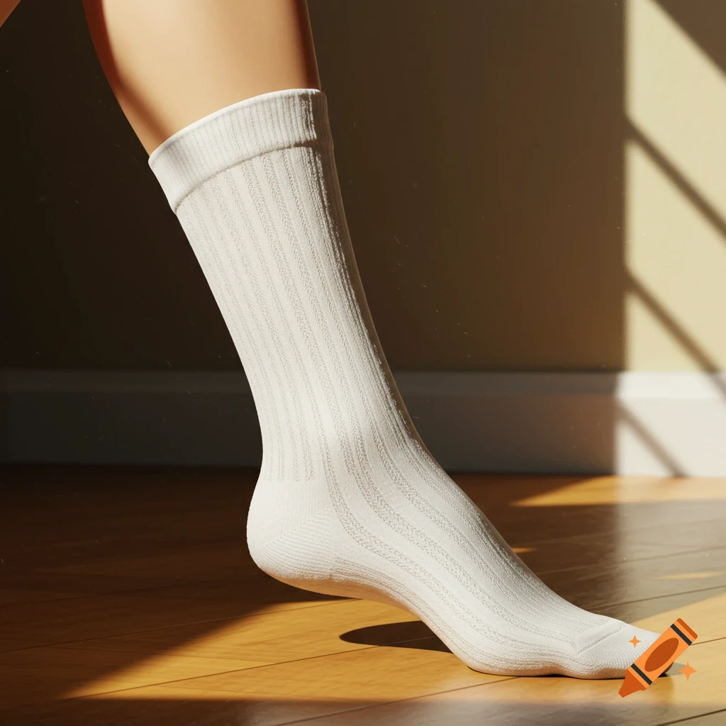A photorealistic image of a leg wearing a white ribbed sock, standing on a wooden floor with sunlight streaming in.