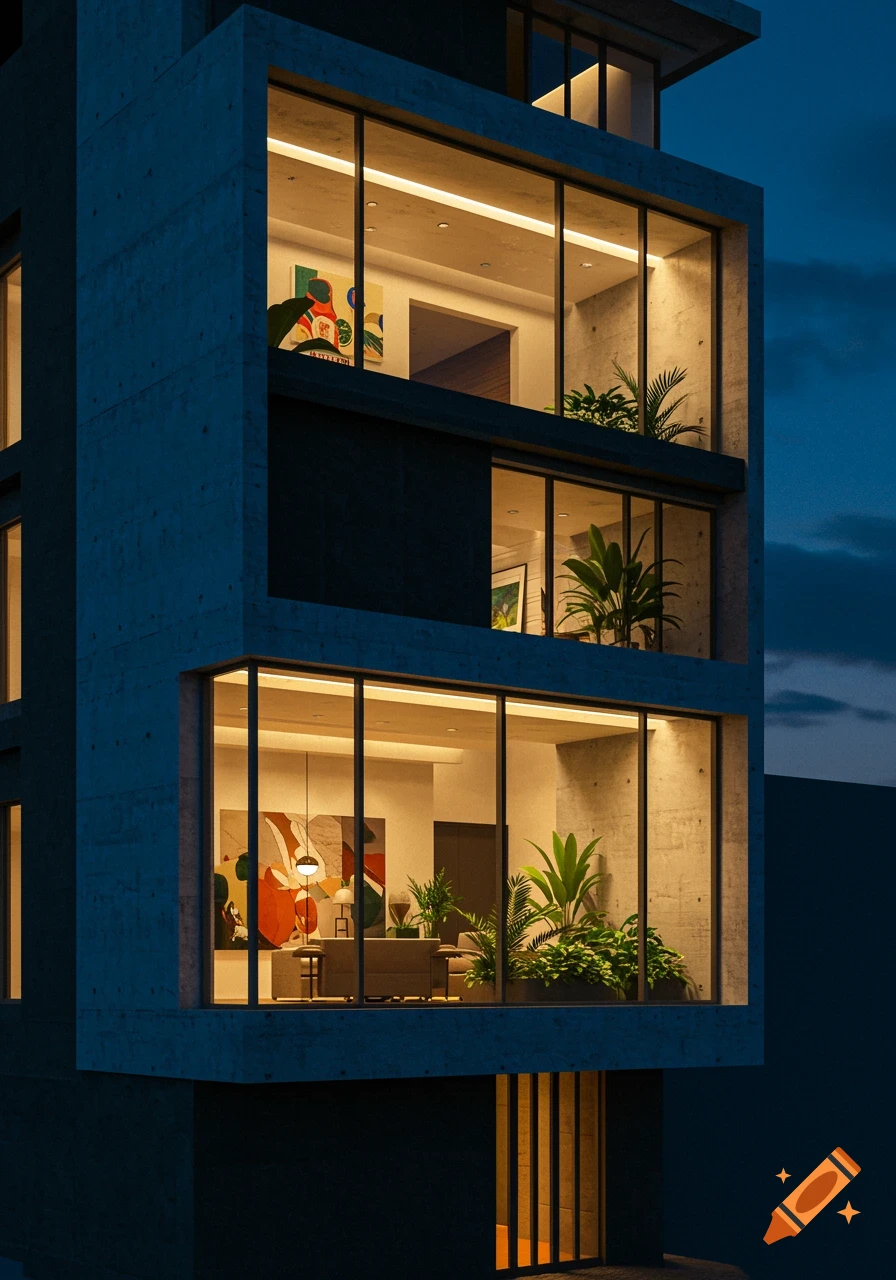 A modern concrete building with large glass windows illuminated from within, at dusk.