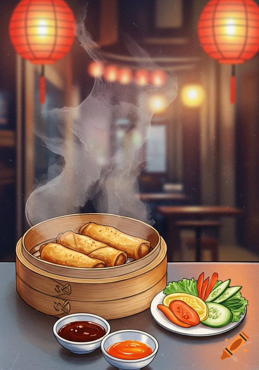 Illustrated scene of golden egg rolls in a bamboo steamer with dipping sauces and a fresh salad, set in an Asian restaurant with lanterns.
