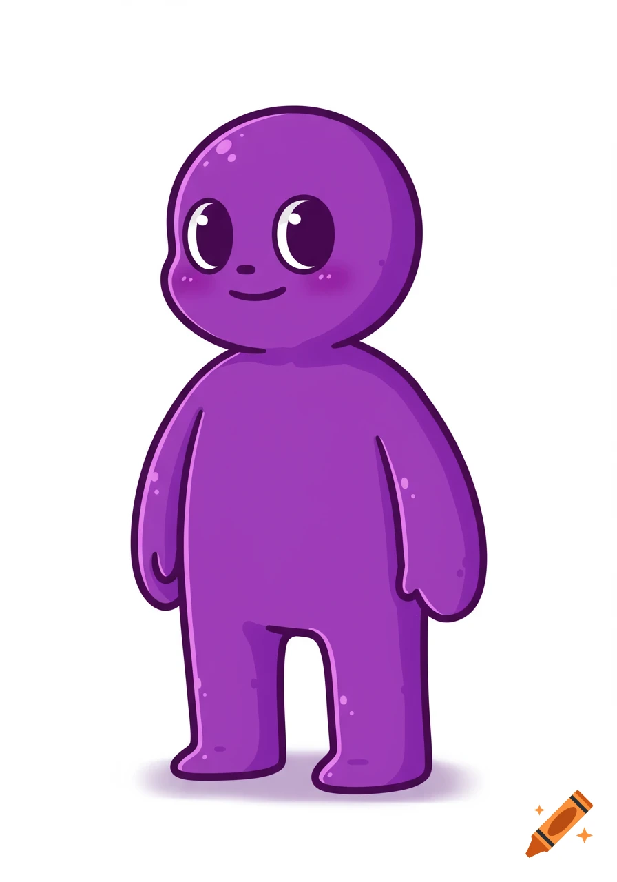 A friendly, simple purple cartoon character with large eyes and a smile stands against a white background.
