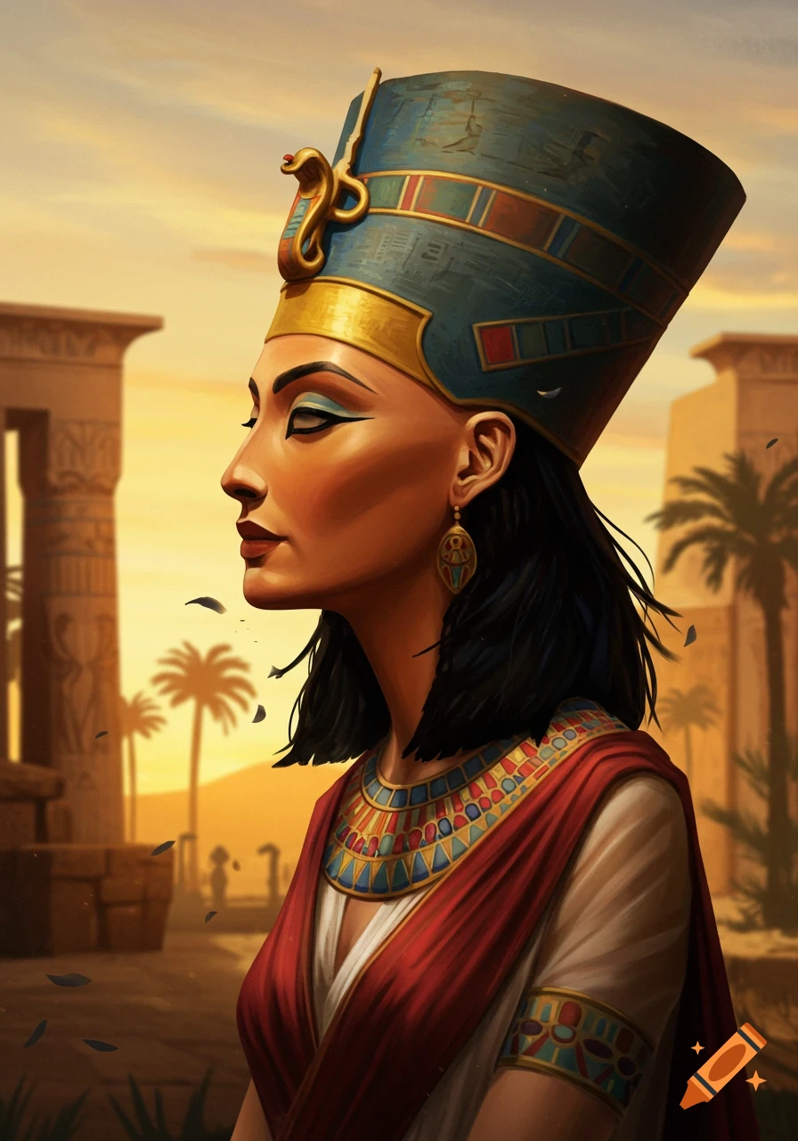 Portrait of Nefertiti in traditional Egyptian attire against a desert backdrop with ancient ruins, in a painted style.