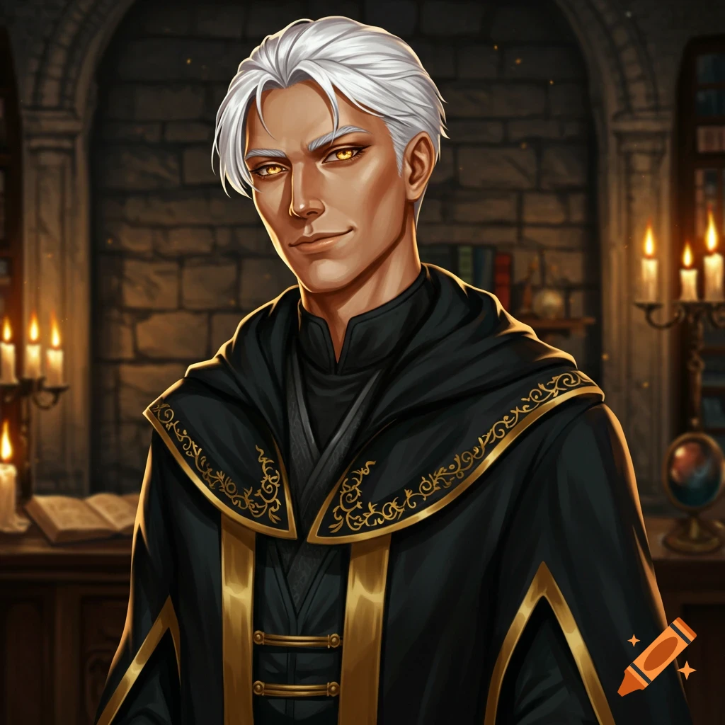 A smug male wizard with white hair and golden eyes, wearing black and gold robes, stands in a library lit by candles.