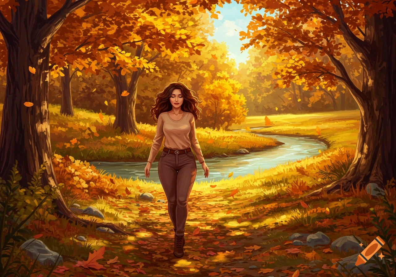 A brunette woman walks on a leaf-strewn path through a vibrant autumn forest with a winding river, bathed in golden sunlight, in a painterly style.
