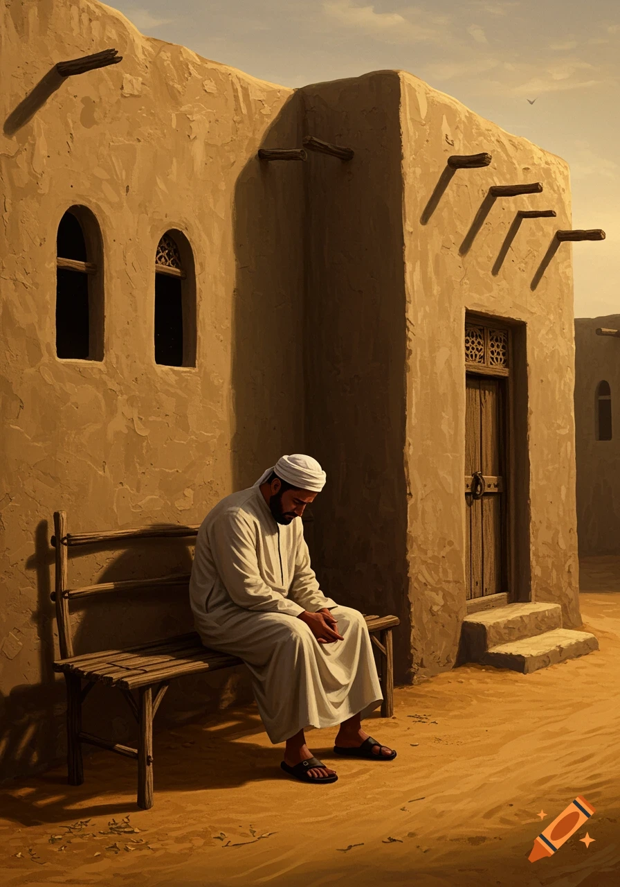 A man in traditional Islamic clothing sits sadly on a wooden bench outside a mud-brick house in a desert setting.