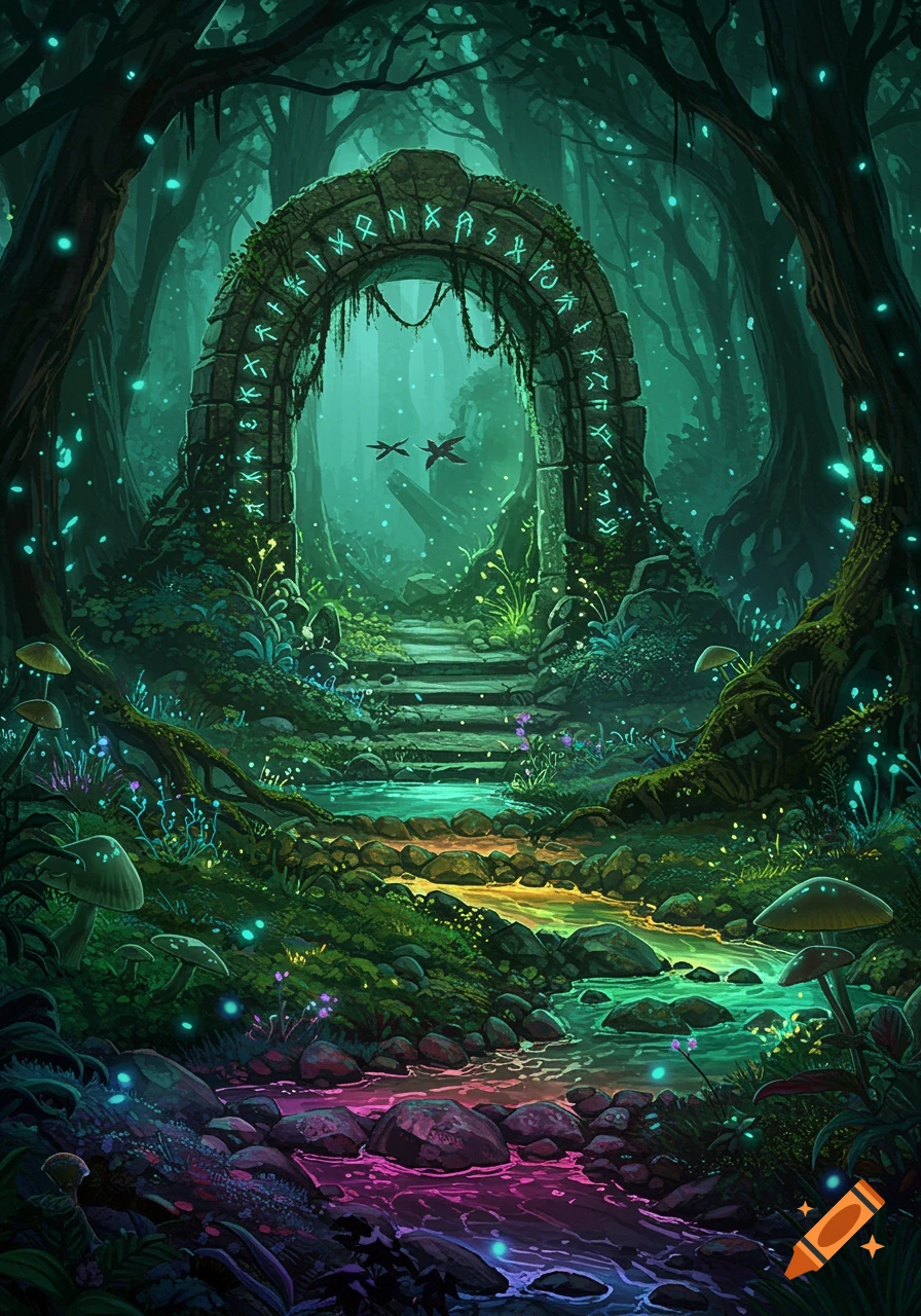 A vibrant fantasy forest landscape with an ancient stone archway adorned with glowing runes, colorful streams, and luminescent flora.