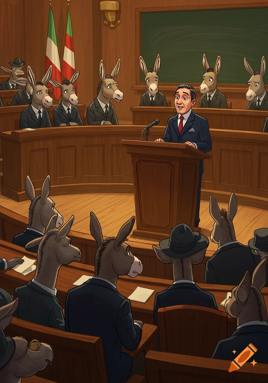 A cartoon man in a suit addresses an audience of donkeys in suits in a lecture hall.