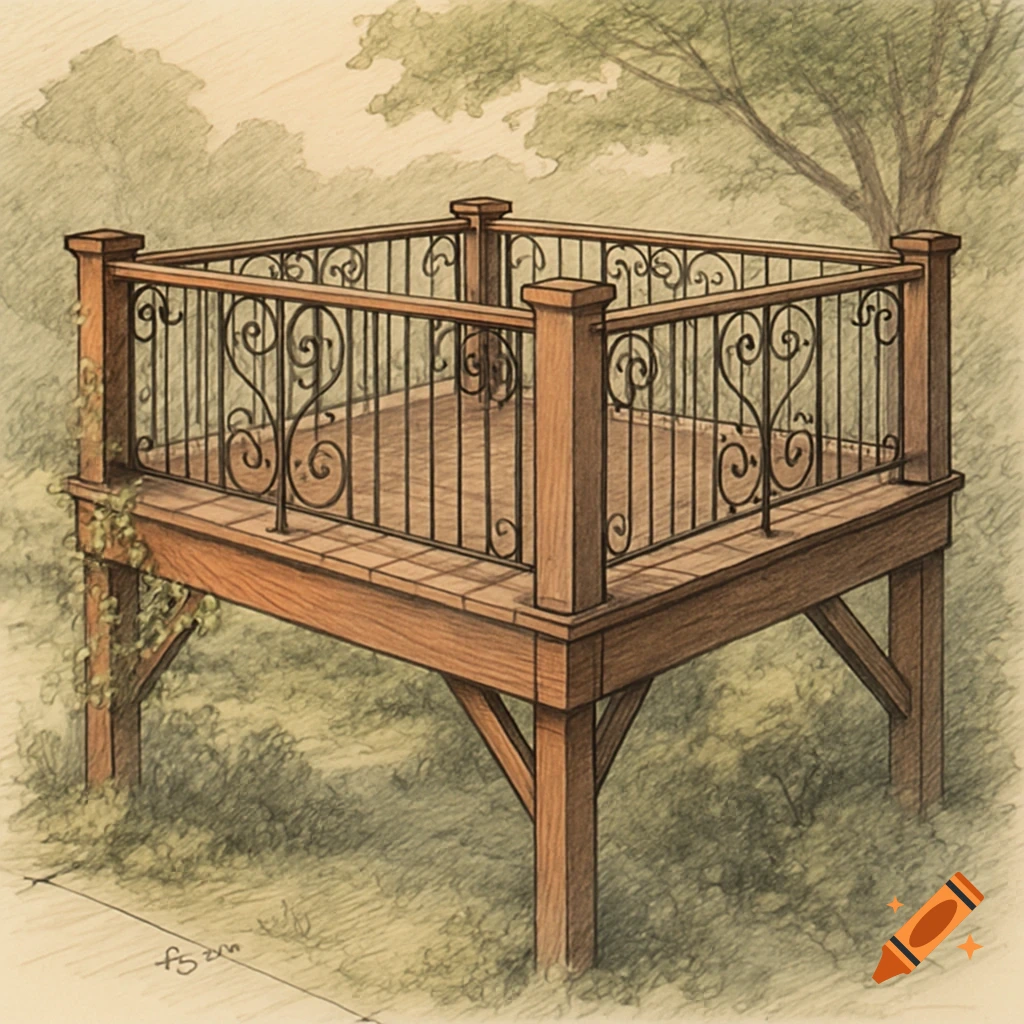 A drawing of a raised wooden deck with decorative black metal railings, in a sketch art style.