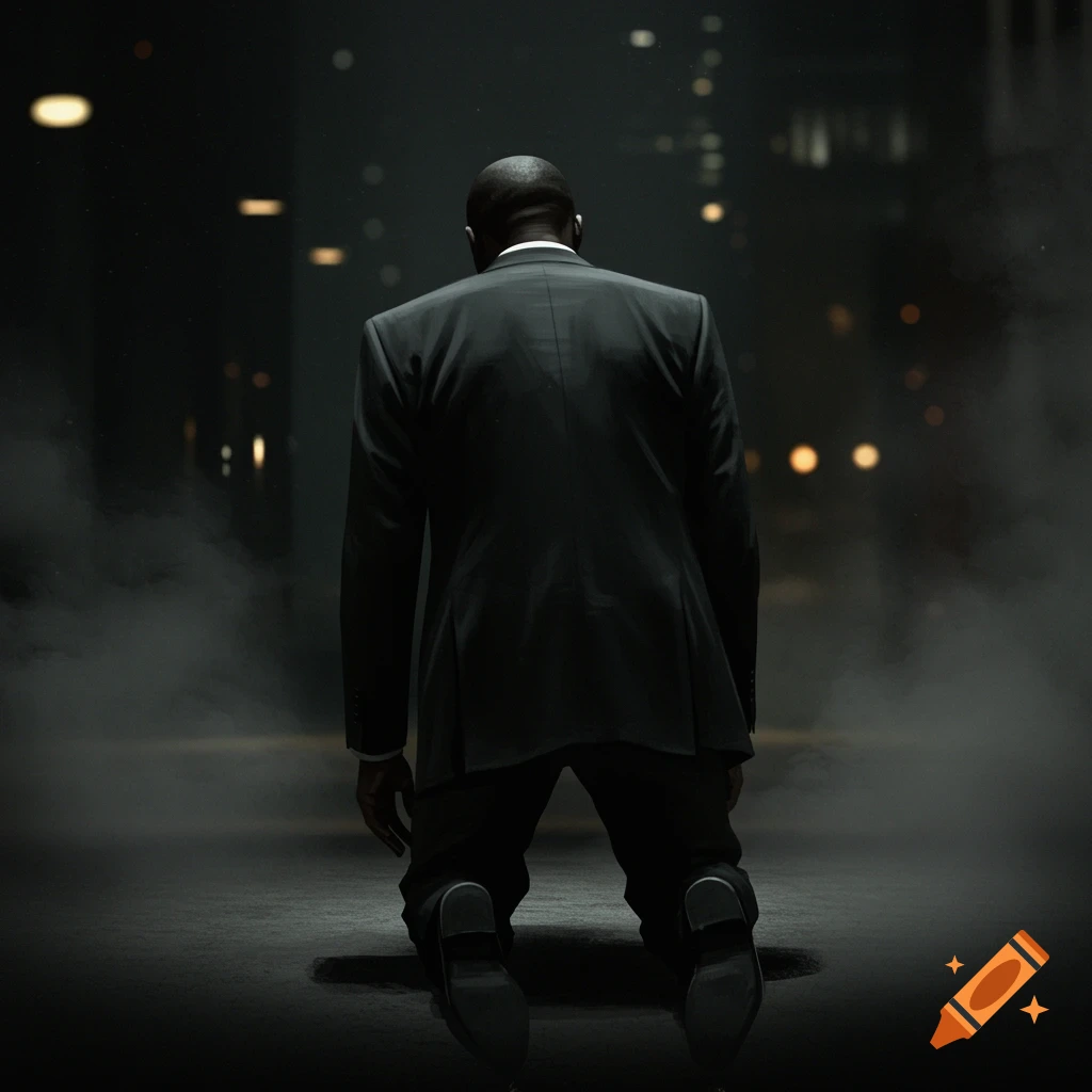 A man in a dark suit kneels with his back to the viewer in a smoky, dimly lit urban setting.