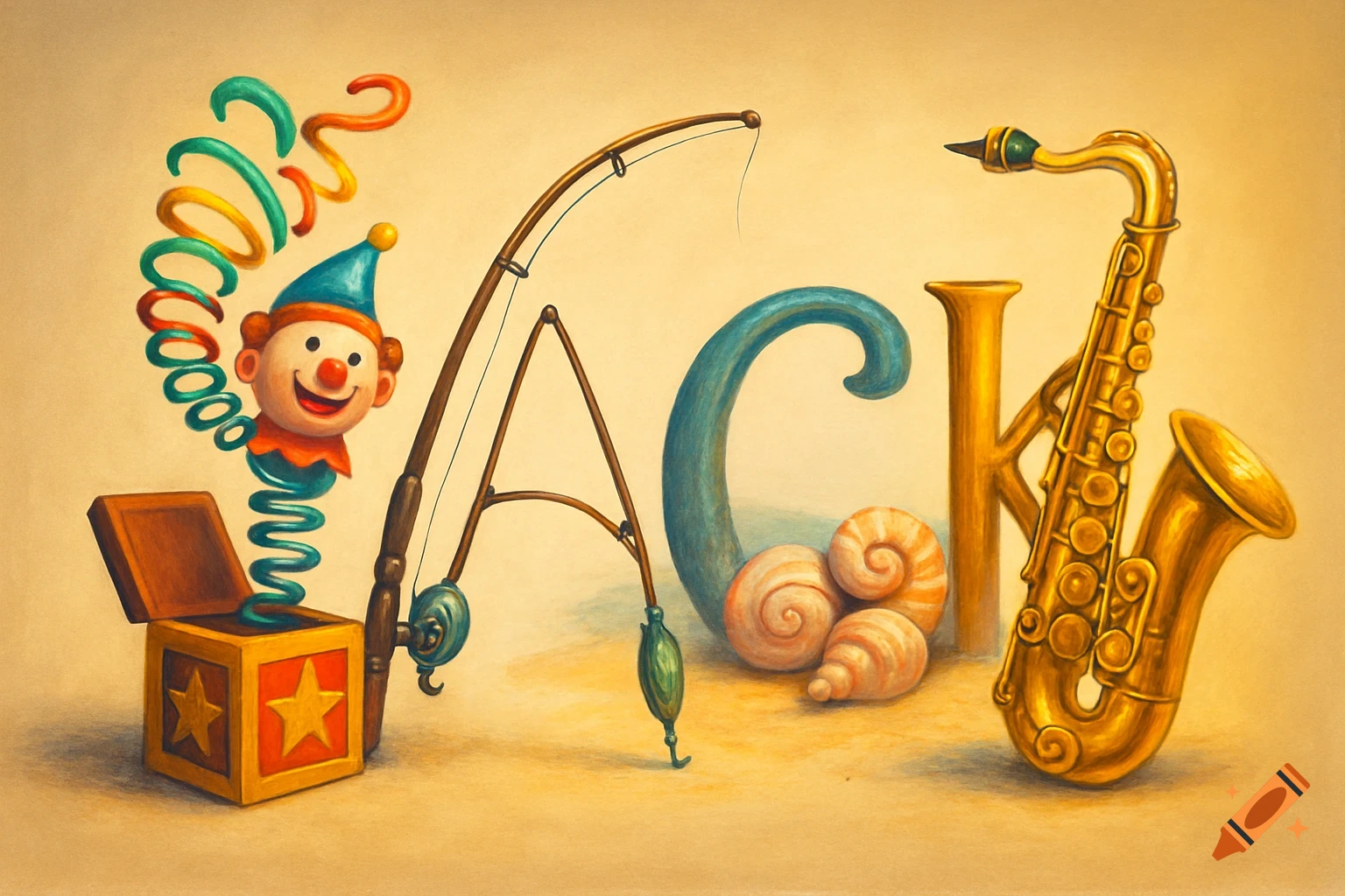 Whimsical illustration spelling JACK with a jack-in-the-box, fishing rod, seashells, and saxophone on a tan background.