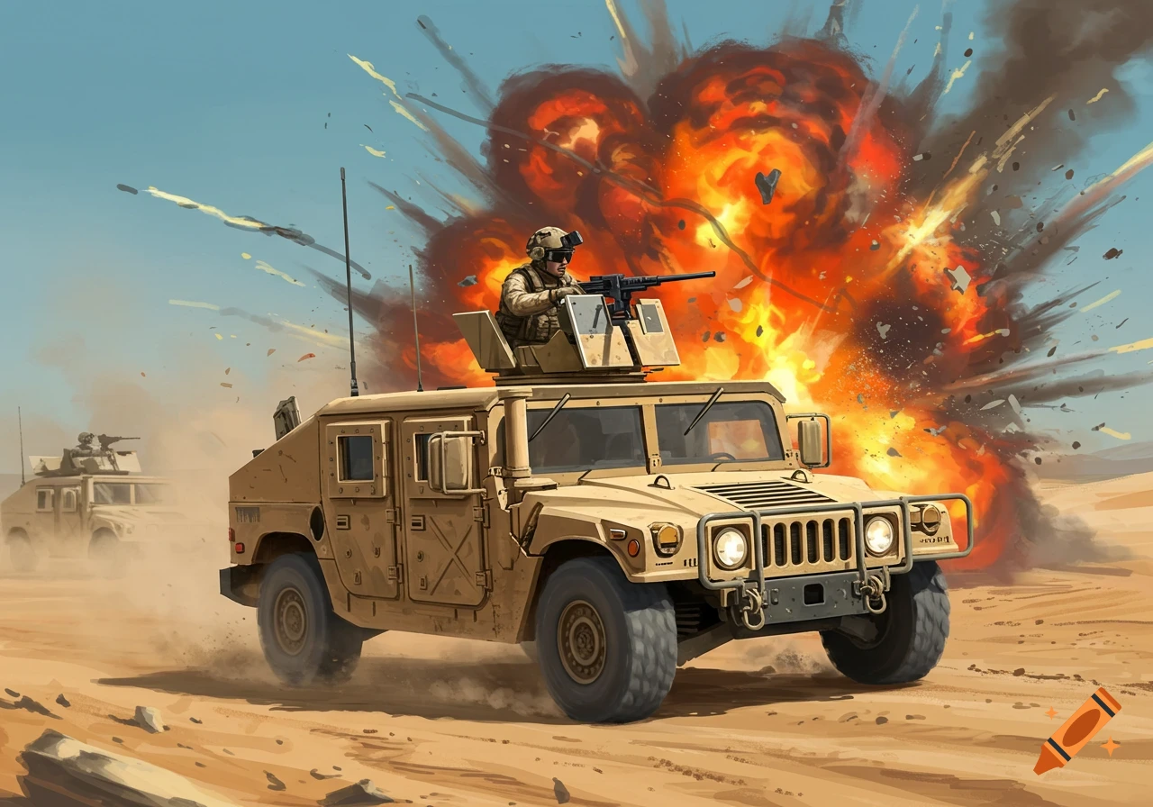A tan military Humvee with a soldier on the turret drives through a desert as a large, stylized explosion erupts behind it, sending debris flying.