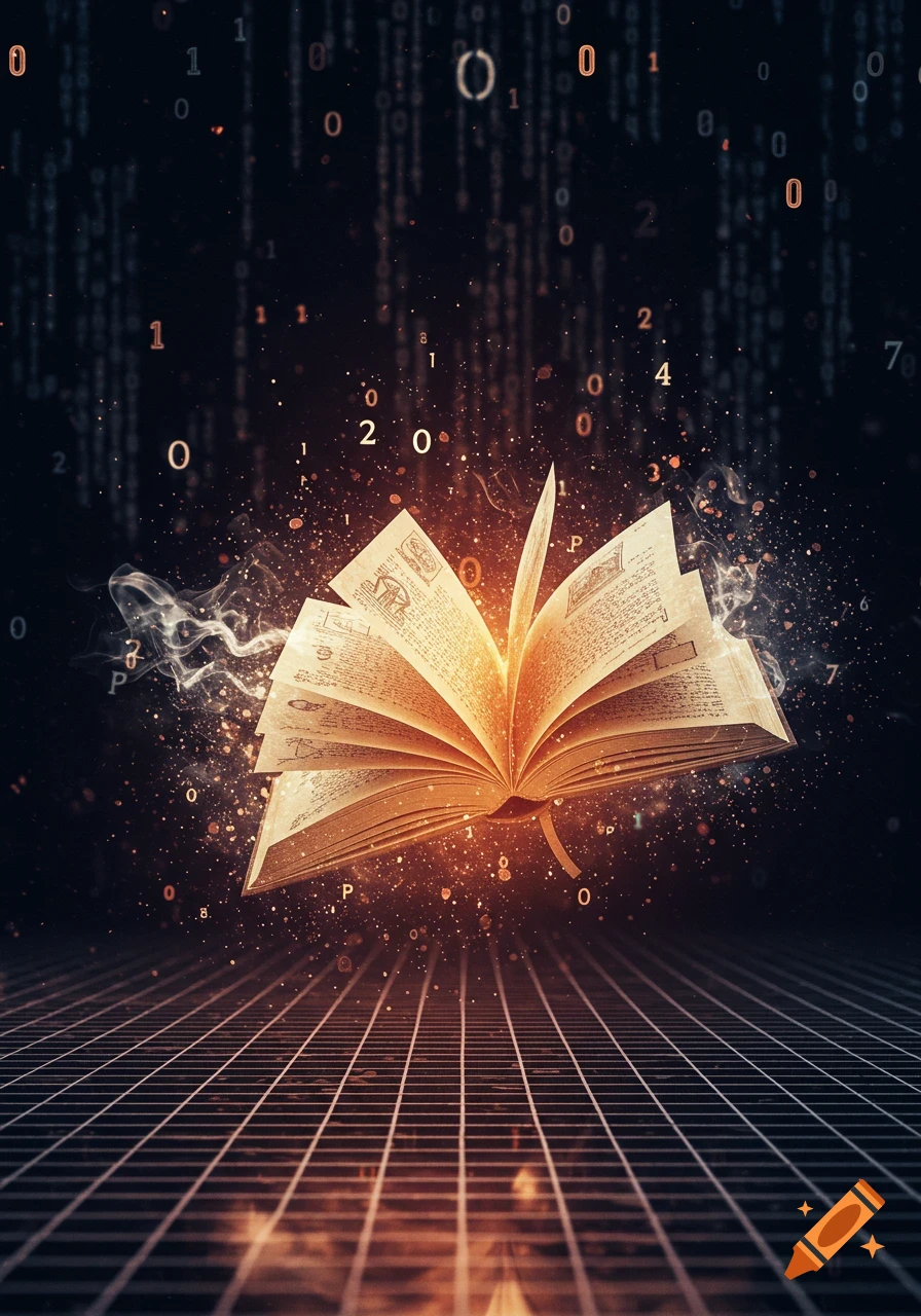 An open, glowing book floats in a dark space, surrounded by sparkling particles and falling digital numbers, with a grid pattern on the floor below.