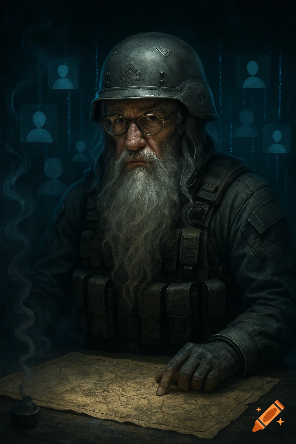 A photorealistic portrait of an old bearded man in a military helmet and tactical vest, pointing at a map.