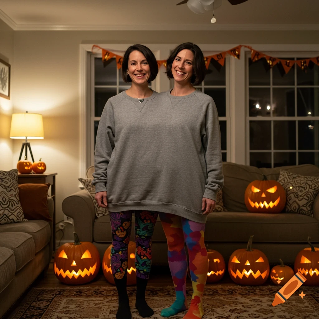 Two smiling women in a large gray sweatshirt and colorful tights pose in a Halloween-decorated living room with jack-o'-lanterns.