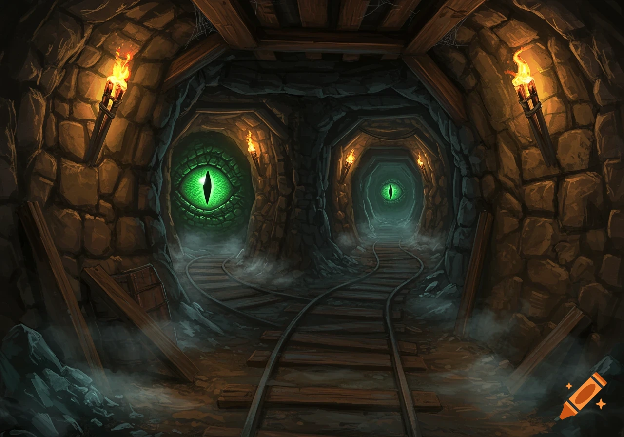 A dark, torch-lit mine tunnel forks into two paths, each leading to a glowing green dragon eye, in a fantasy illustration.
