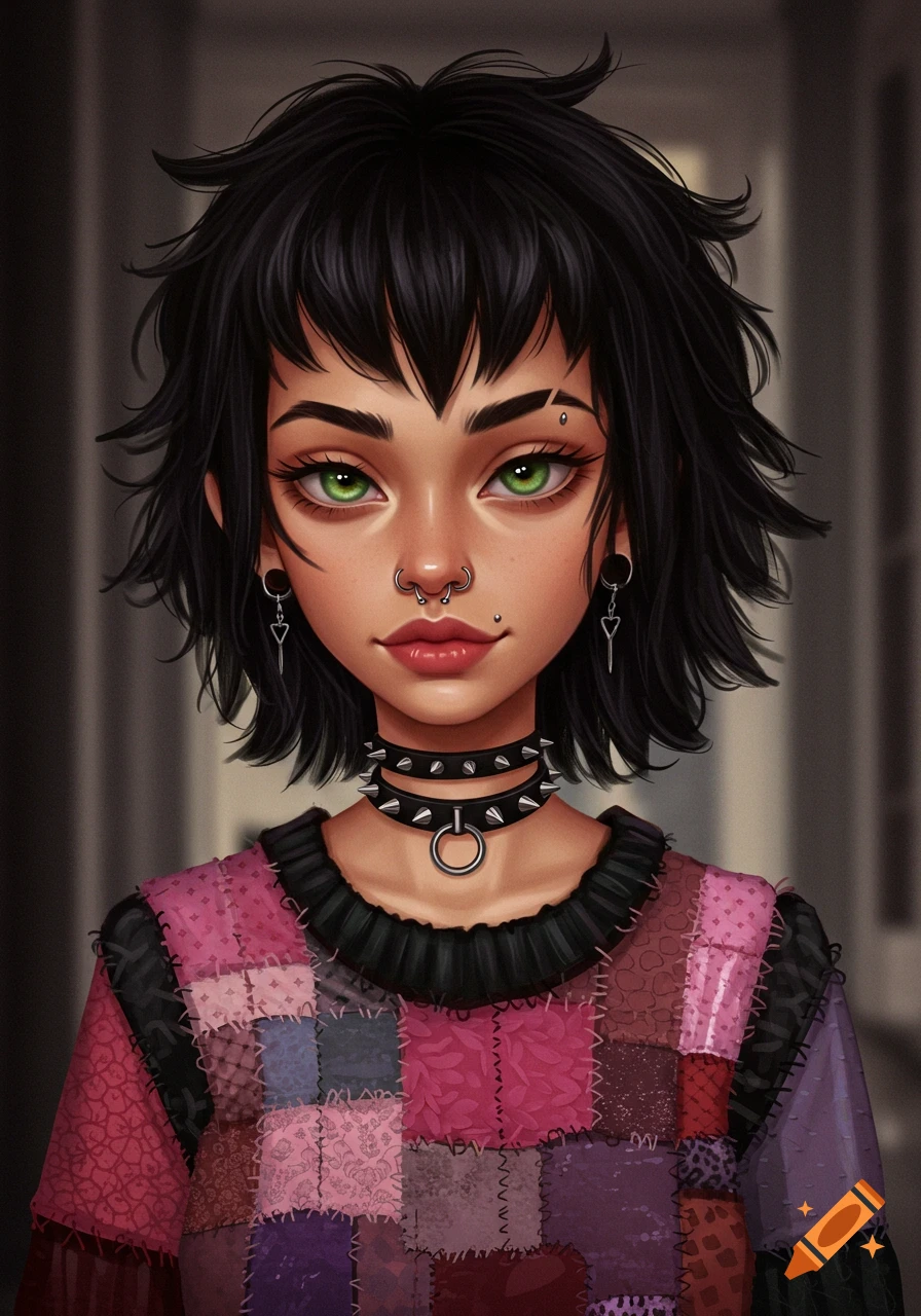 Stylized illustration of a young woman with messy black hair, green eyes, face piercings, and a spiked choker, wearing a patched multicolored sweater.