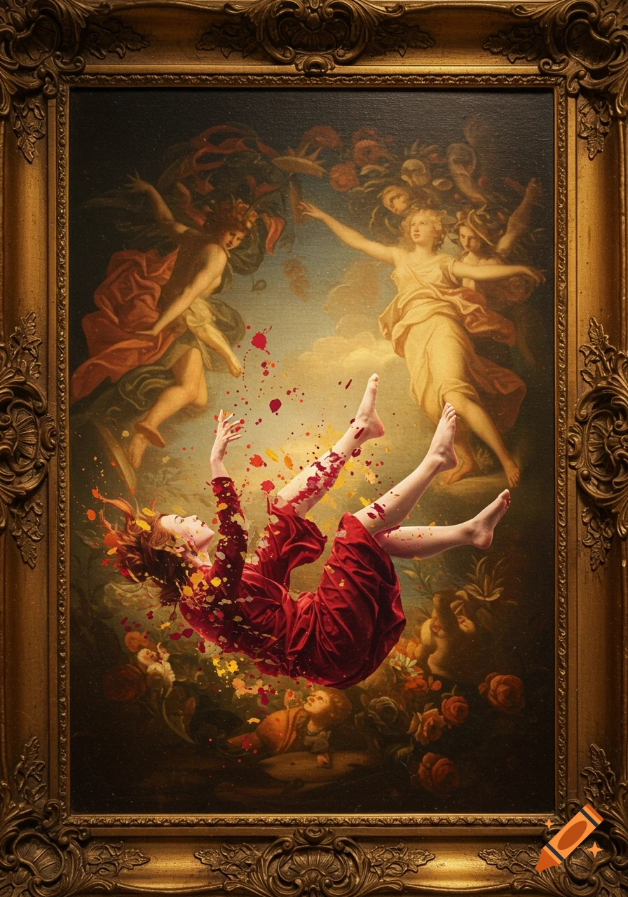 A woman in a red dress falls with colorful paint splatters, depicted in a classical painting style with an ornate gold frame.