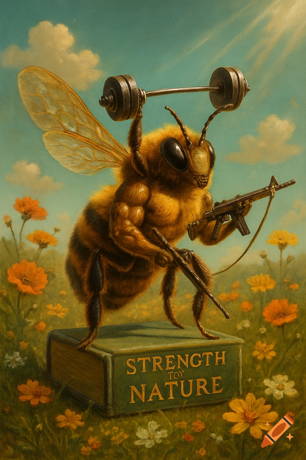 A muscular bee stands on a green book titled "STRENGTH TOY NATURE" in a field of wildflowers, holding a rifle and lifting a barbell over its head under a blue sky.