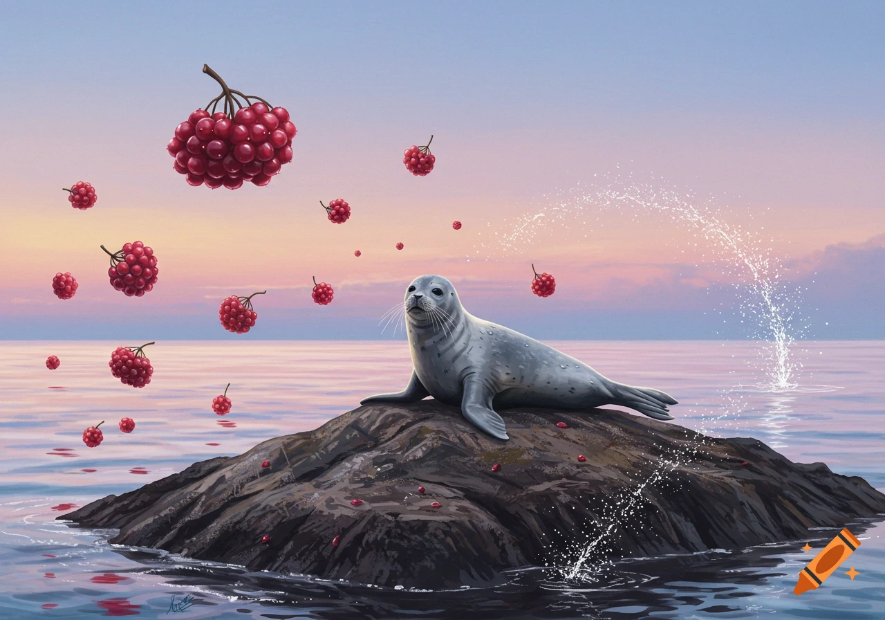 A seal rests on a rock in the ocean with red berries floating around it under a sunset sky.