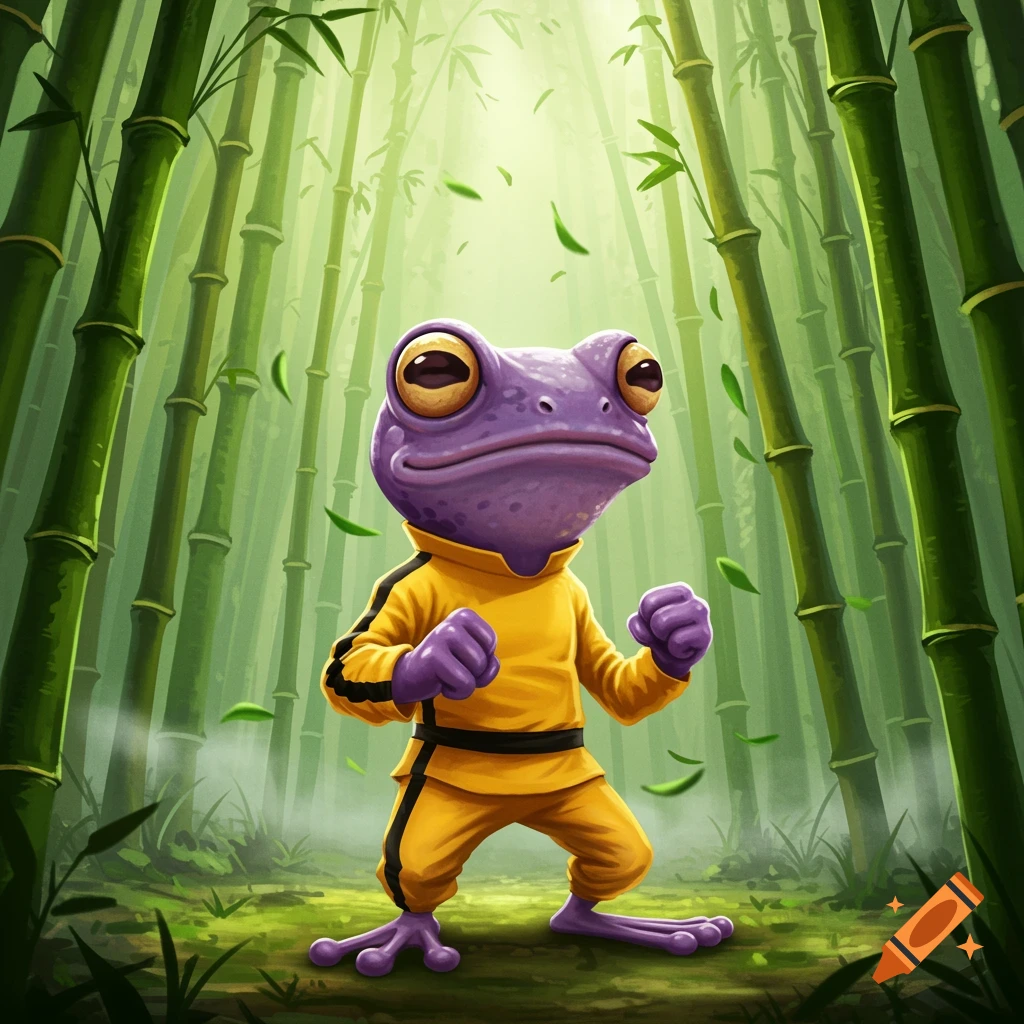 A purple frog in a yellow Bruce Lee-style martial arts suit stands in a bamboo forest, in a cartoon style.