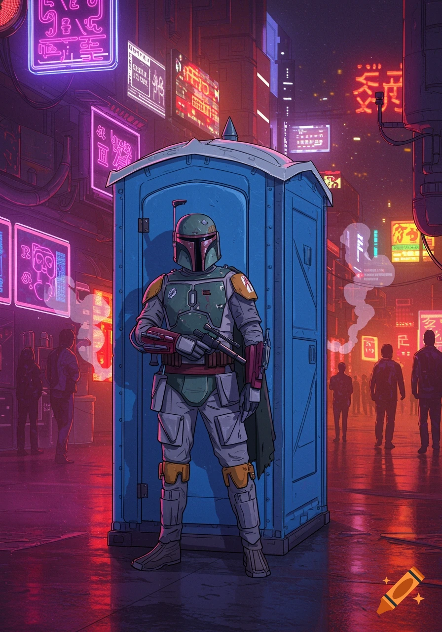 Boba Fett stands in front of a blue portable toilet in a neon-lit, cyberpunk city, in an anime style.