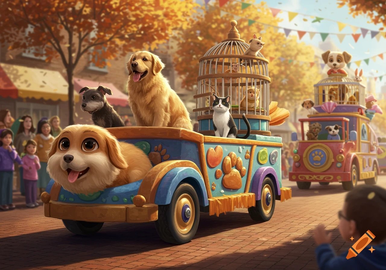 Vibrant cartoonish pet parade with various animals on colorful floats, watched by a crowd on a sunny street.