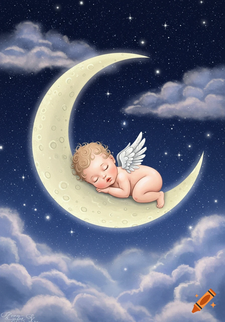 An illustrated baby with blonde curly hair and small white wings sleeps peacefully on a crescent moon in a starry night sky with clouds.