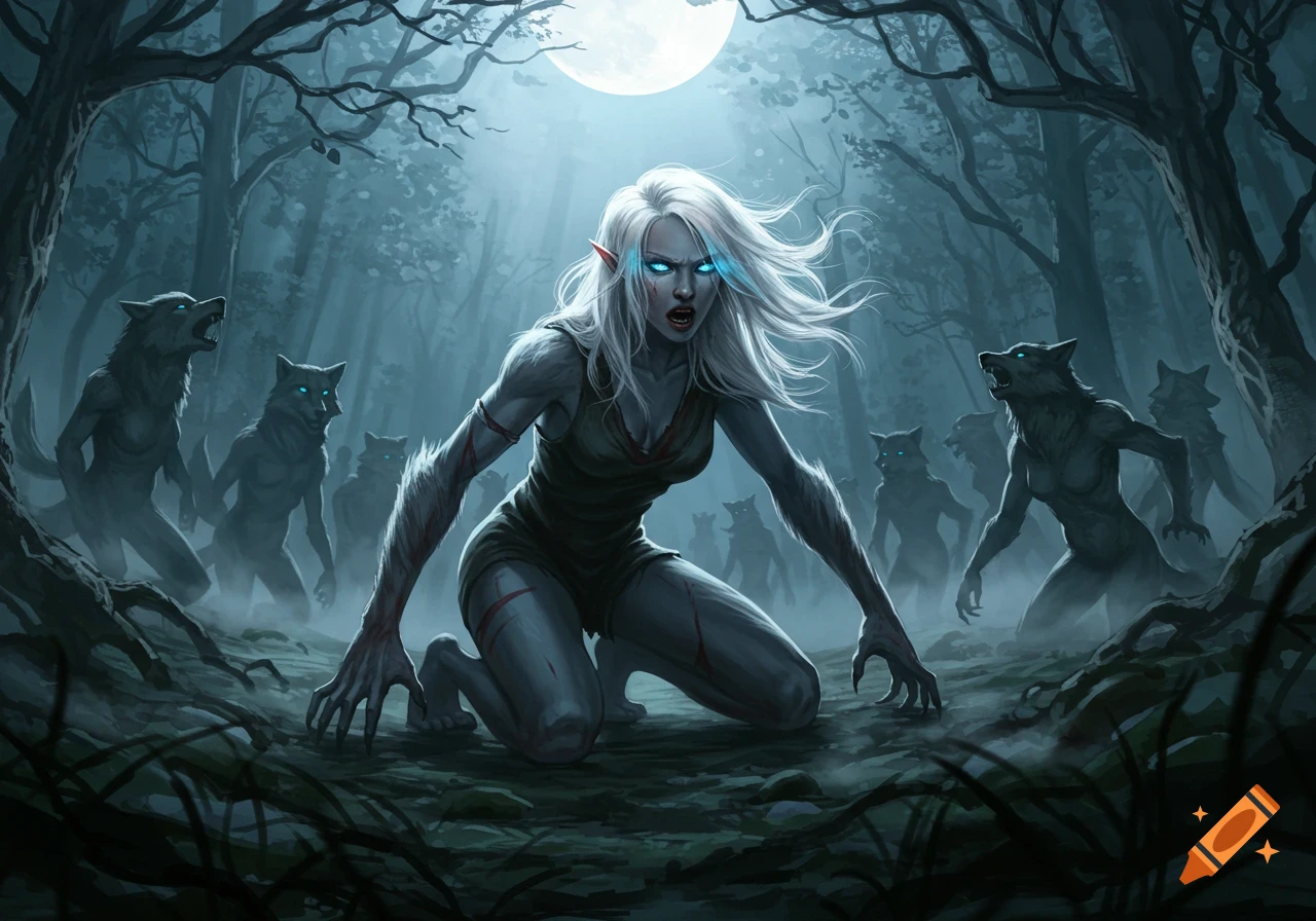 A white-haired woman with glowing blue eyes transforms into a werewolf in a dark, moonlit forest, surrounded by other werewolves. Digital fantasy art.