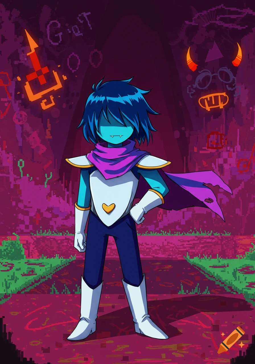 A blue-skinned character with dark blue hair and a purple cape stands in a pixelated fantasy world with glowing symbols.