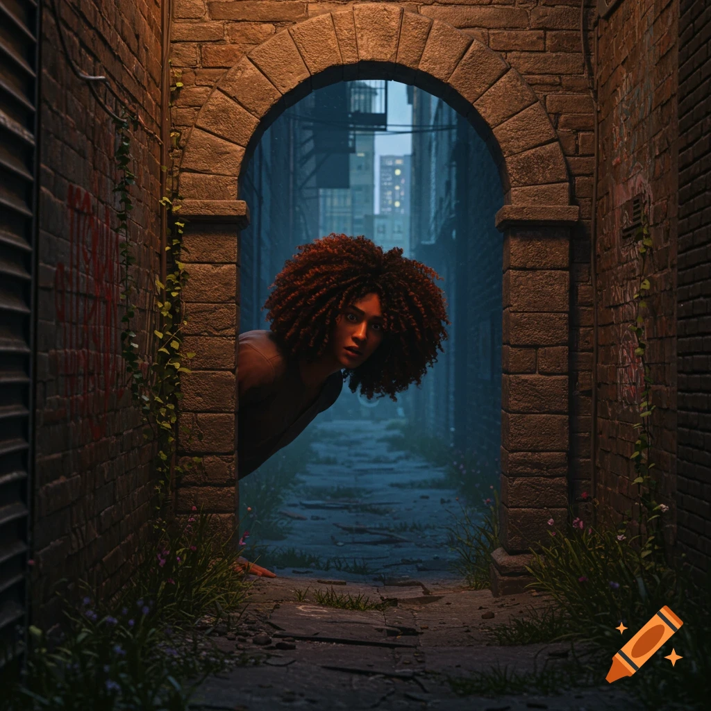 A person with curly hair peeks around a brick archway in a dark, moody alleyway, with city buildings in the background.