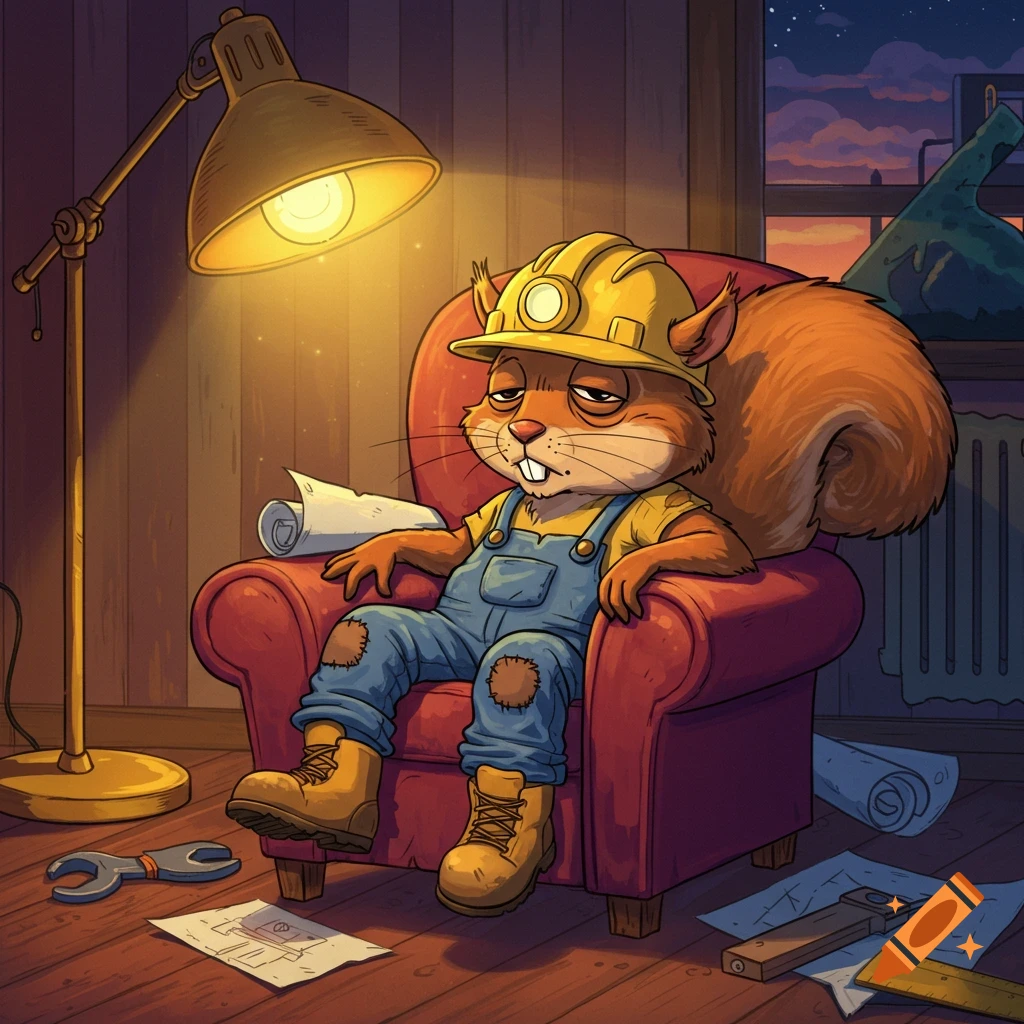 A cartoon squirrel wearing a hard hat, overalls, and boots, slumped tiredly in a red armchair under a desk lamp.
