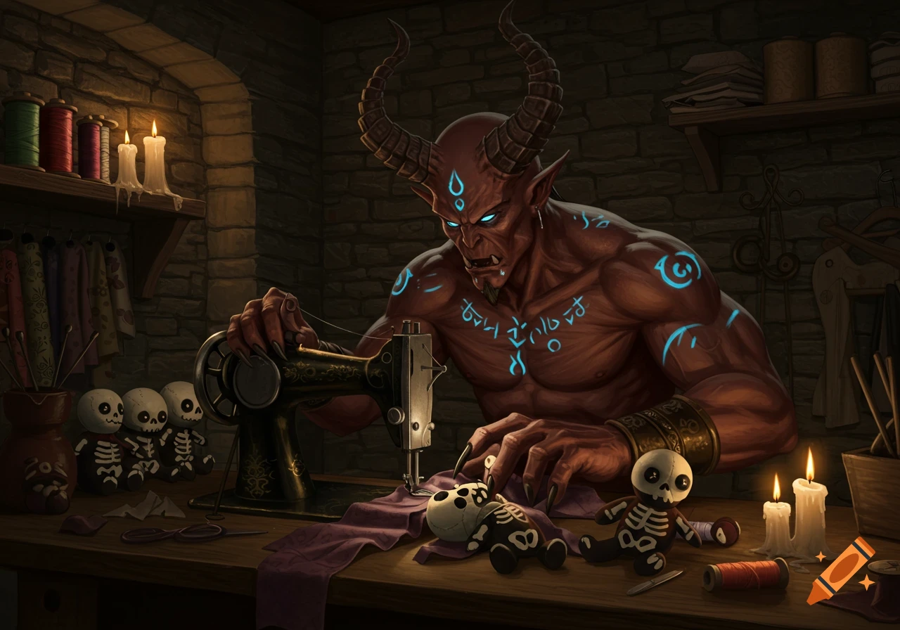 A red-skinned demon with horns and glowing blue symbols on its body operates an old sewing machine, making skeleton plush toys in a dimly lit workshop.