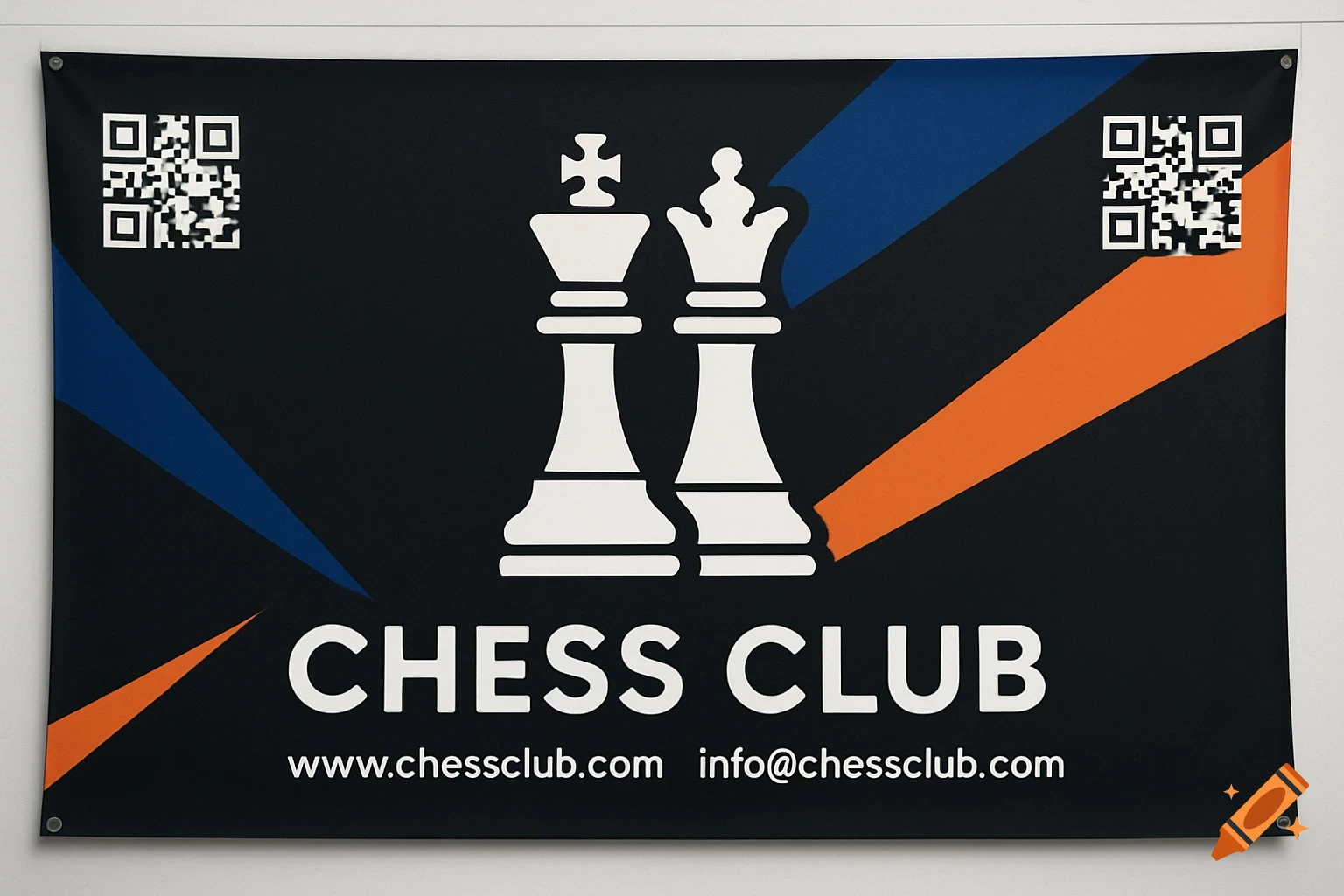 A black banner for a chess club featuring a white logo of a king and queen chess piece, "CHESS CLUB" text, a website, email address, and two QR codes, with blue and orange diagonal stripes.