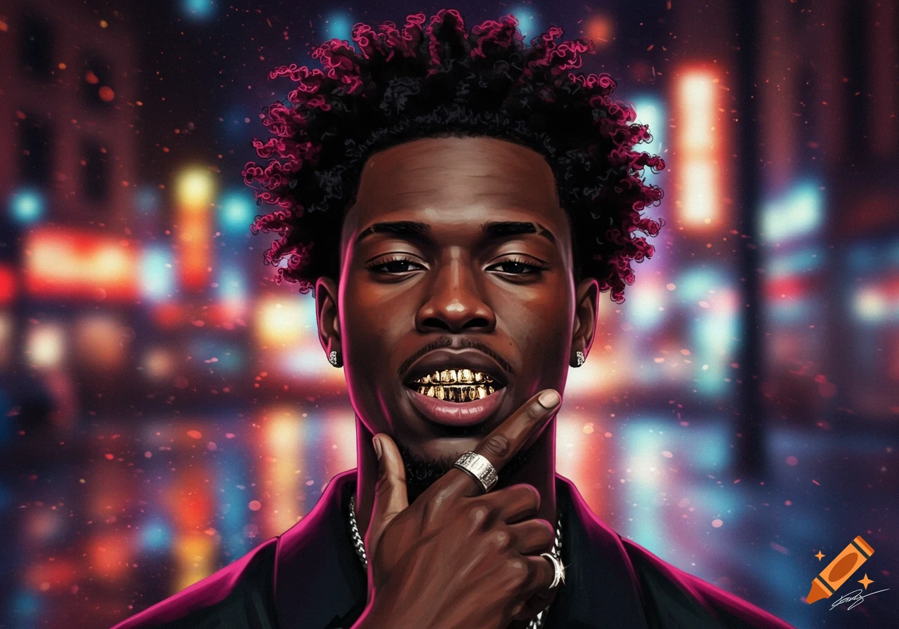 Close-up digital art portrait of a Black man with curly hair, gold grillz, and diamond earrings, against a blurred city lights background.