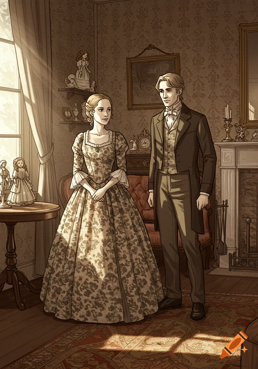 An illustration in sepia tones of a man and a woman in 19th-century attire standing in a well-furnished room with sunlight streaming through a window.