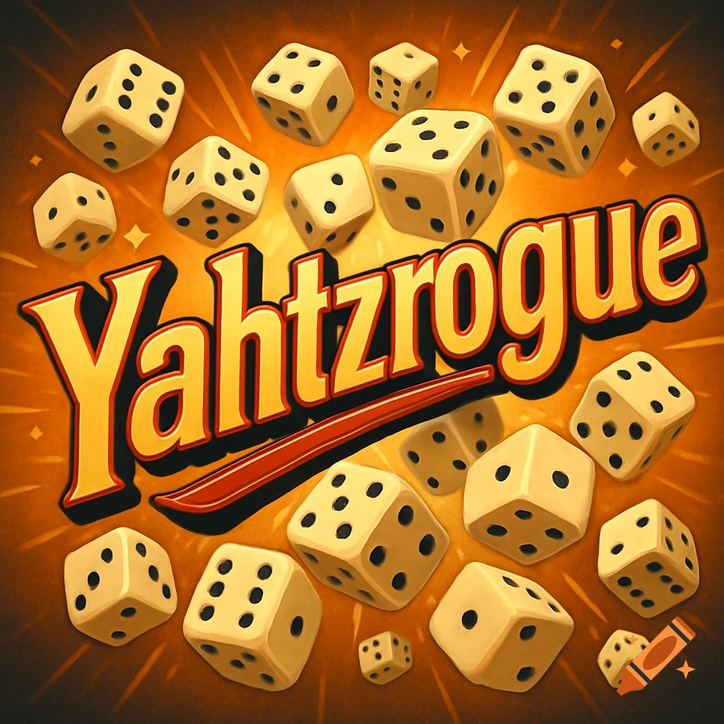 Yellow 'Yahtzrogue' logo with a red underline, surrounded by scattered white dice on a radiating orange background.