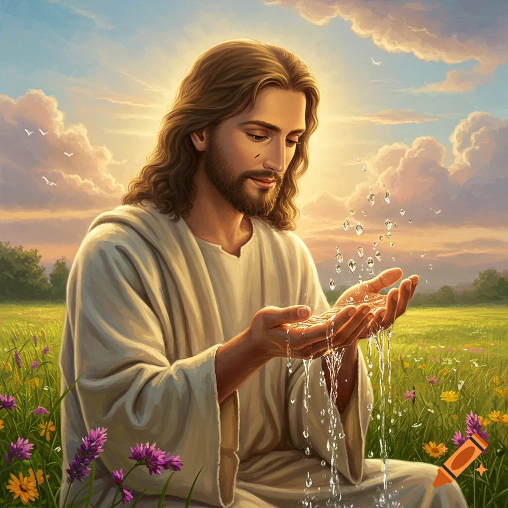 Jesus in a white robe, sitting in a field of wildflowers, with water flowing from and collecting in his cupped hands, against a sunset sky.