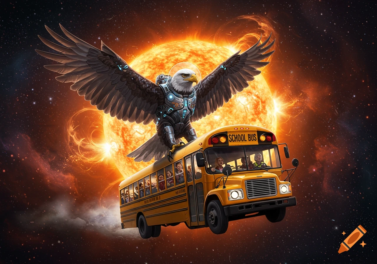 An armored eagle in a space suit surfs on a yellow school bus, carrying children, towards a giant sun in a starry space. Illustrated fantasy art.