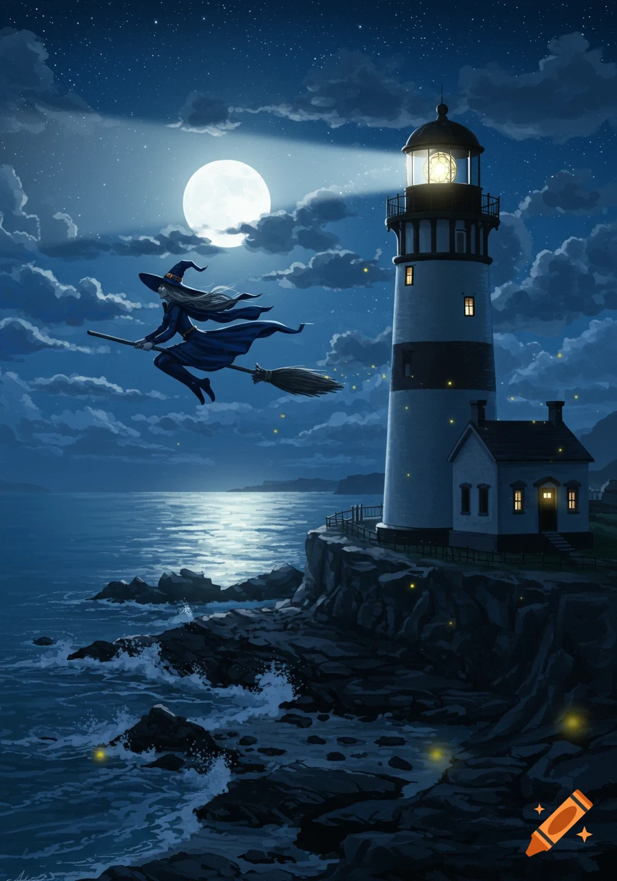A witch flies on a broomstick across a moonlit sky above a lighthouse on a rocky coast.