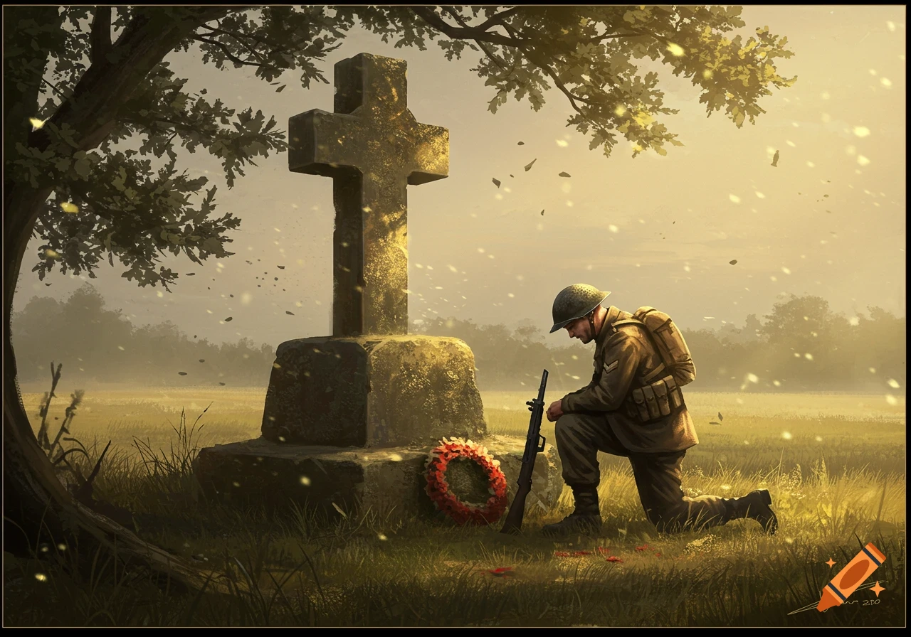 A soldier in uniform kneels with head bowed beside a stone cross with a wreath at its base, holding a rifle, in a field under a tree at sunset.