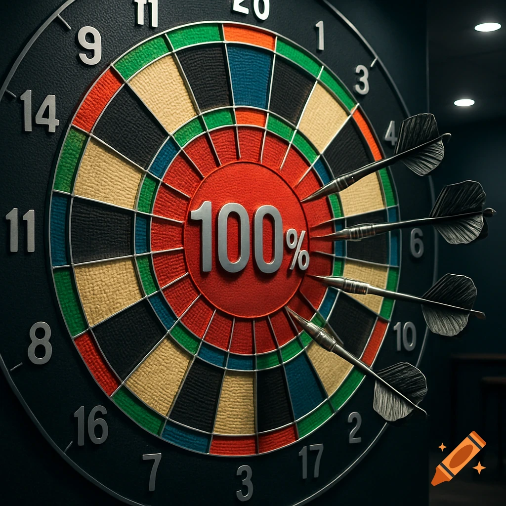 Photorealistic close-up of a dartboard with '100%' at the bullseye and darts stuck in it.