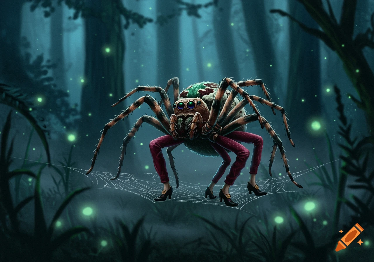 A fantastical spider with large eyes and a patterned back, standing on a web in a dark, glowing forest, wearing red trousers and black high heels.